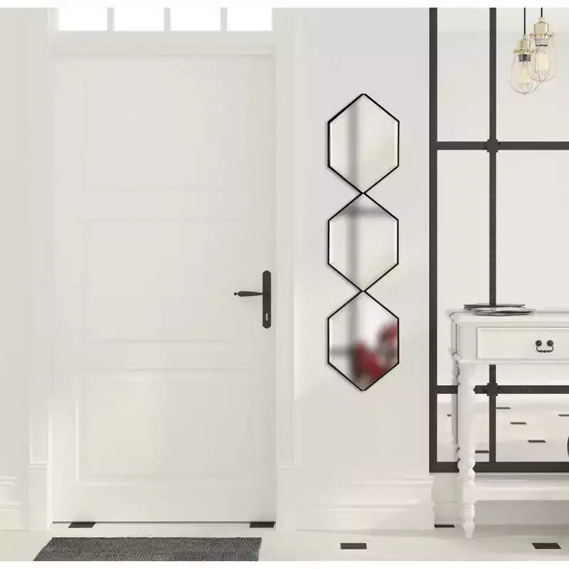 Miroir mural hexagonal en métal 25x107cm – Noir moderne, aucun assemblage requis, fixation murale