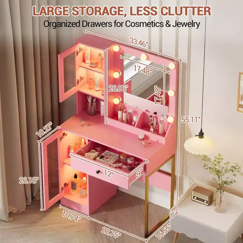 Coiffeuse avec miroir et lumières, Coiffeuse avec station de recharge, Coiffeuse en bois avec lumières RVB pour chambre à coucher, pour filles