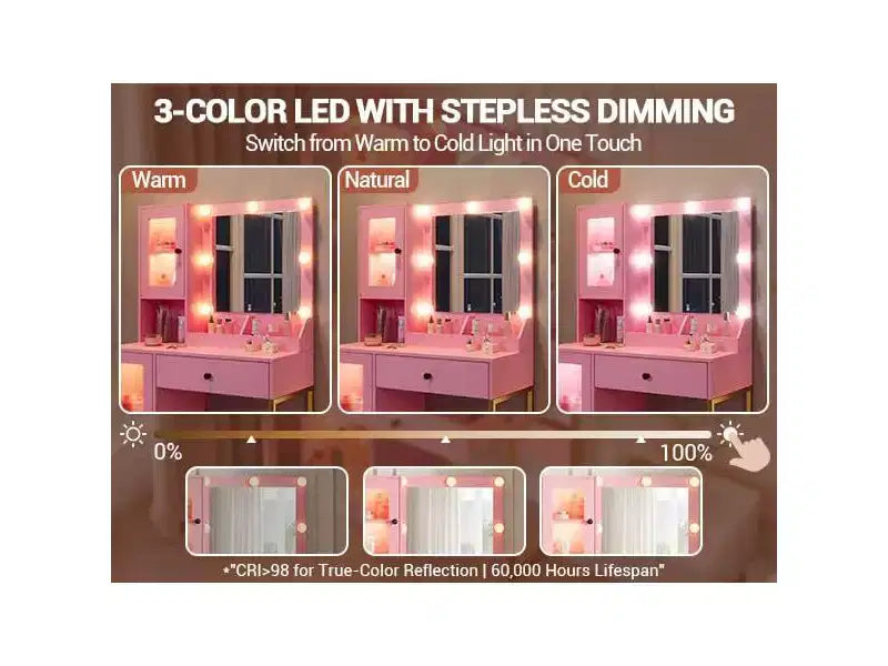 Coiffeuse avec miroir et lumières, Coiffeuse avec station de recharge, Coiffeuse en bois avec lumières RVB pour chambre à coucher, pour filles