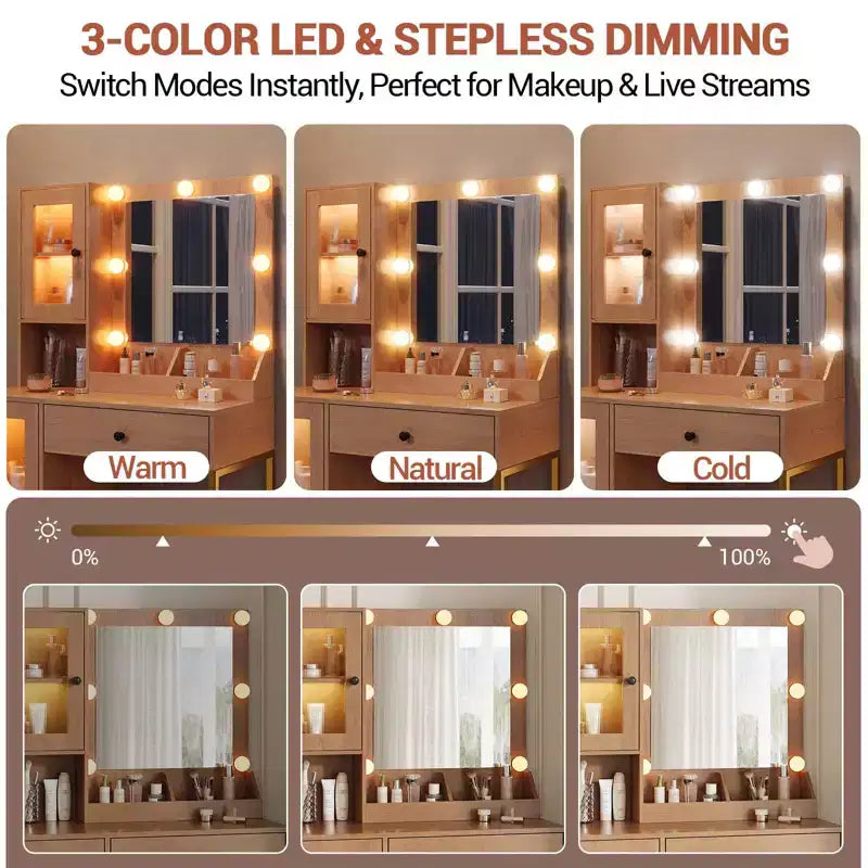 Coiffeuse avec miroir et lumières, Coiffeuse avec station de recharge, Coiffeuse en bois avec lumières RVB pour chambre à coucher, pour filles