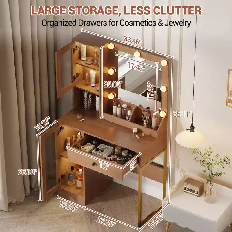 Coiffeuse avec miroir et lumières, Coiffeuse avec station de recharge, Coiffeuse en bois avec lumières RVB pour chambre à coucher, pour filles