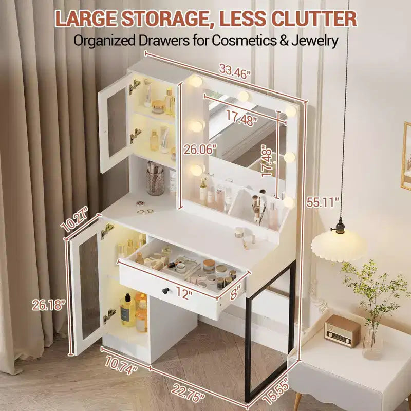 Coiffeuse avec miroir et lumières, Coiffeuse avec station de recharge, Coiffeuse en bois avec lumières RVB pour chambre à coucher, pour filles