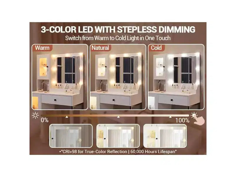 Coiffeuse avec miroir et lumières, Coiffeuse avec station de recharge, Coiffeuse en bois avec lumières RVB pour chambre à coucher, pour filles
