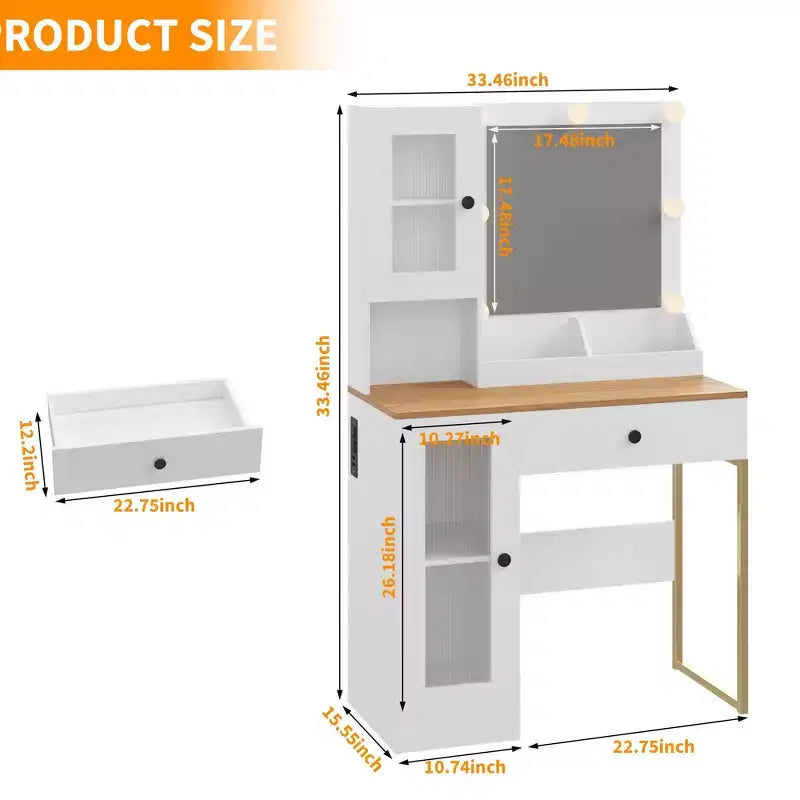Coiffeuse avec miroir et lumières, Coiffeuse avec station de recharge, Coiffeuse en bois avec lumières RVB pour chambre à coucher, pour filles