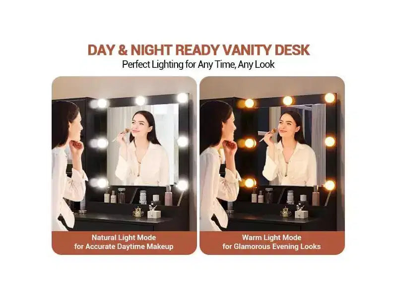 Coiffeuse avec miroir et lumières, Coiffeuse avec station de recharge, Coiffeuse en bois avec lumières RVB pour chambre à coucher, pour filles