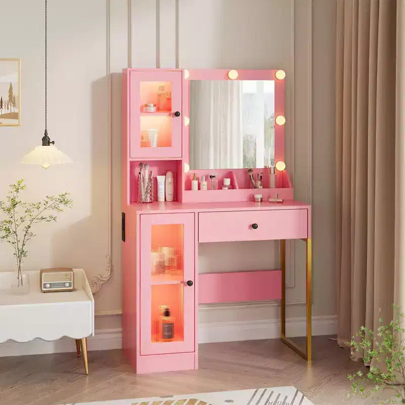 Coiffeuse avec miroir et lumières, Coiffeuse avec station de recharge, Coiffeuse en bois avec lumières RVB pour chambre à coucher, pour filles