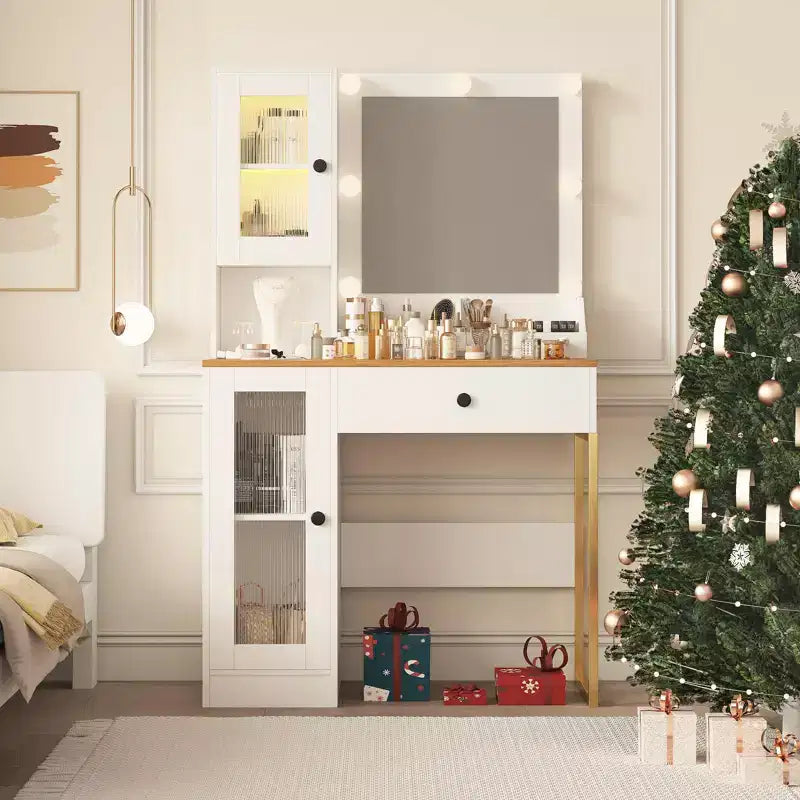Coiffeuse avec miroir et lumières, Coiffeuse avec station de recharge, Coiffeuse en bois avec lumières RVB pour chambre à coucher, pour filles