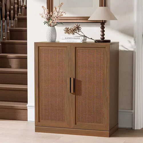 MAYEERTY 16 Tall Storage Cabinet with Rattan Doors 2 Shelves, Freestanding Cabinet for Living Room Kitchen Beige 1pcs