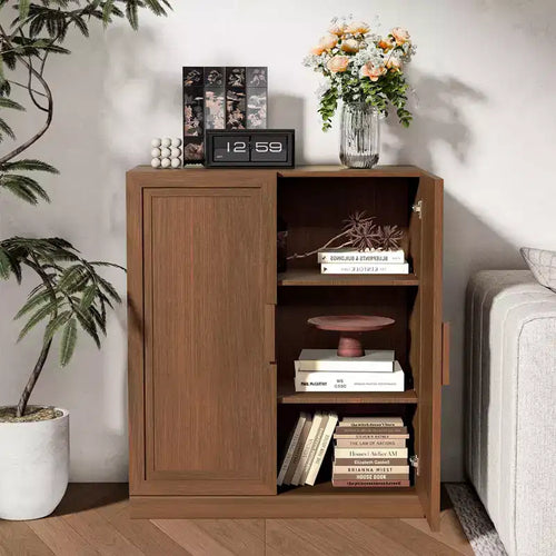 Armoire de rangement sur pied de 40,6 cm de haut avec portes en rotin et 2 étagères – Beige