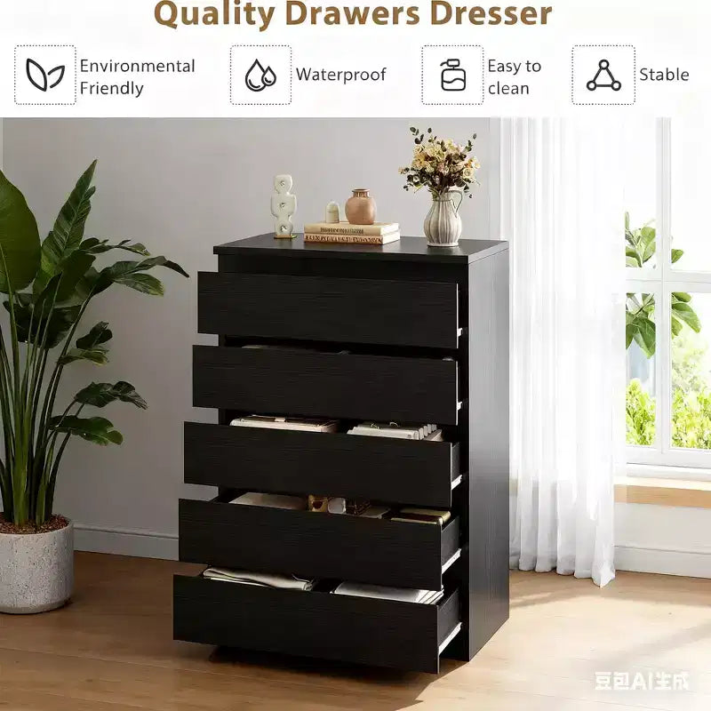Commode moderne noire inclinée à cinq tiroirs, adaptée aux chambres à coucher, armoire de rangement en bois, tiroirs profonds, convient également aux salons, chambres à coucher.