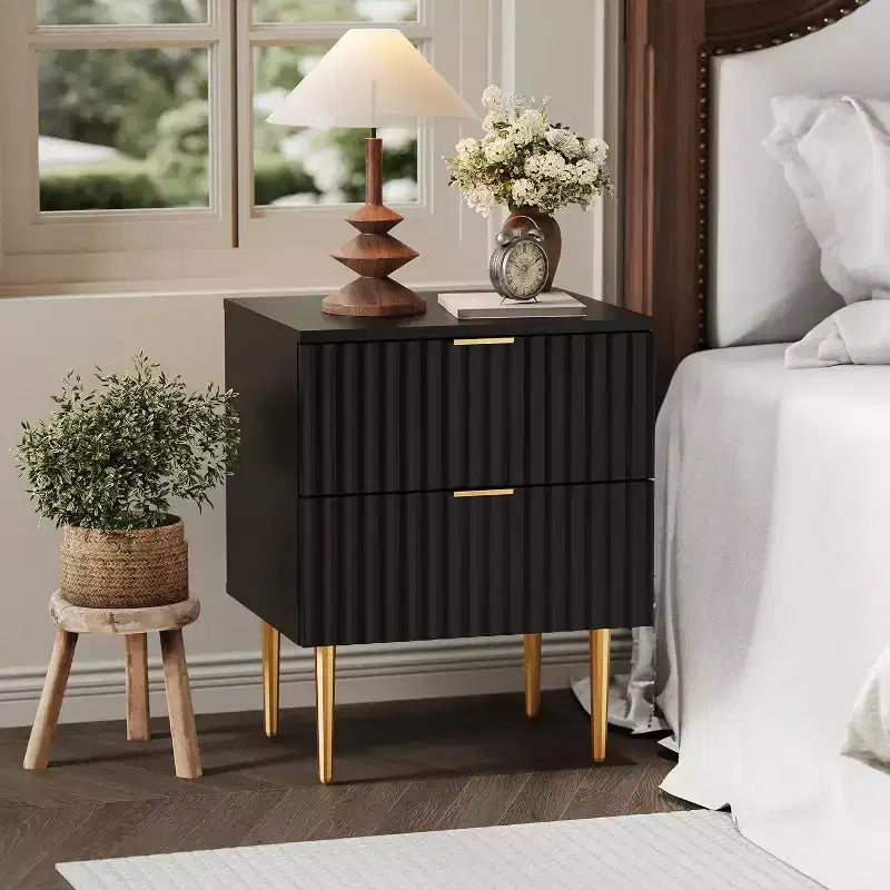 2ps Modern Fluted Nightstand with USB Ports & Outlets Charging Station & 2 Drawers,Small Side Table for Bedroom , Gold & Wood Bedside Table