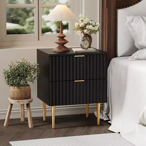 2ps Modern Fluted Nightstand with USB Ports & Outlets Charging Station & 2 Drawers,Small Side Table for Bedroom , Gold & Wood Bedside Table