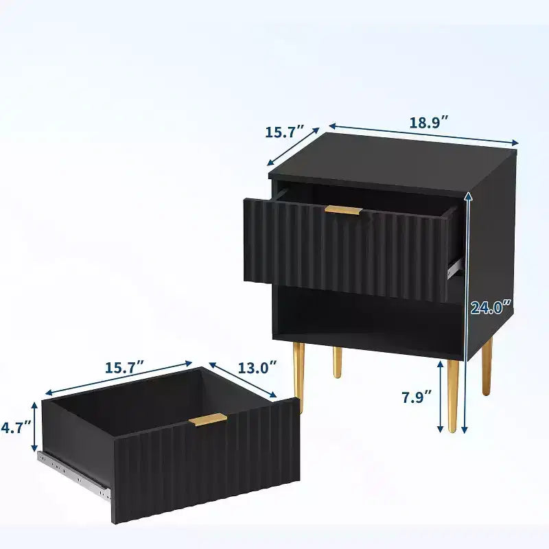Table de chevet moderne cannelée 2 places avec ports USB et prises de courant et 2 tiroirs, petite table d'appoint pour chambre à coucher, table de chevet dorée et bois