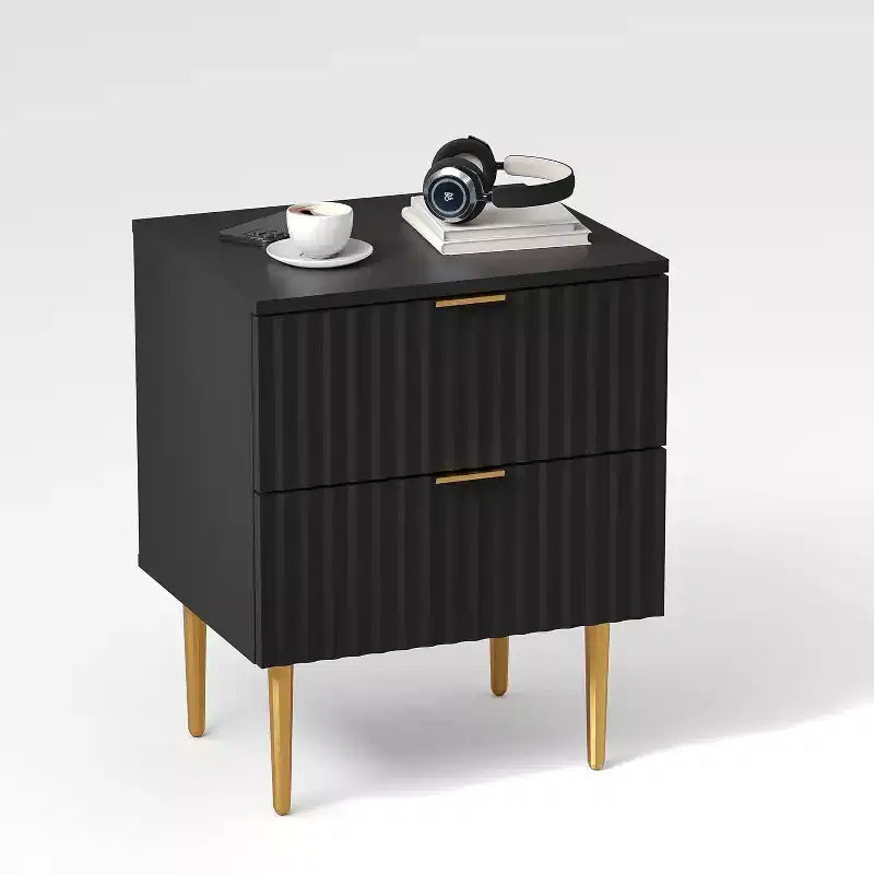 Table de chevet moderne cannelée 2 places avec ports USB et prises de courant et 2 tiroirs, petite table d'appoint pour chambre à coucher, table de chevet dorée et bois