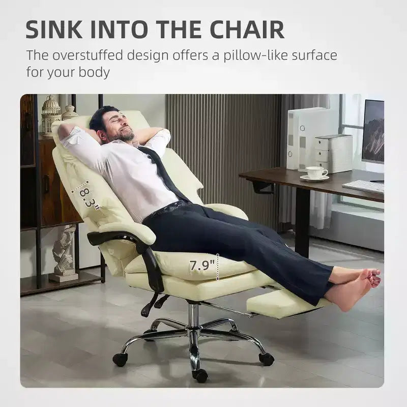 Fauteuil de bureau rembourré, chaise de bureau à dossier haut avec repose-pieds, fauteuil d'ordinateur inclinable en cuir PU