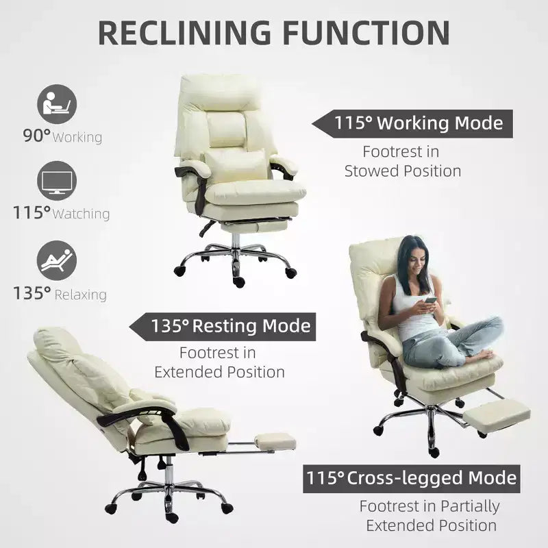 Fauteuil de bureau rembourré, chaise de bureau à dossier haut avec repose-pieds, fauteuil d'ordinateur inclinable en cuir PU