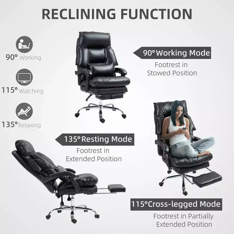 Fauteuil de bureau rembourré, chaise de bureau à dossier haut avec repose-pieds, fauteuil d'ordinateur inclinable en cuir PU