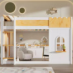 Twin over Twin/Full over Full Bunk Bed with Storage Shelves, Window & Two Doors, White+Natural - ModernLuxe