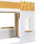 Lit superposé jumeau sur jumeau/double sur double avec étagères de rangement, fenêtre et deux portes, blanc+naturel - ModernLuxe