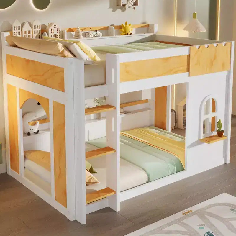 Lit superposé jumeau sur jumeau/double sur double avec étagères de rangement, fenêtre et deux portes, blanc+naturel - ModernLuxe
