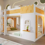 Lit superposé jumeau sur jumeau/double sur double avec étagères de rangement, fenêtre et deux portes, blanc+naturel - ModernLuxe