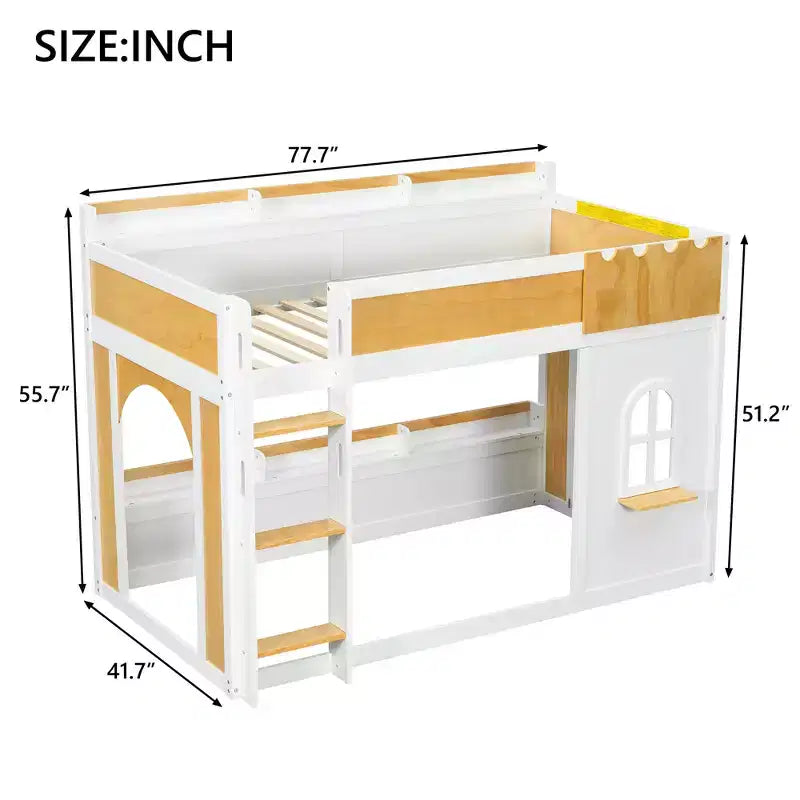 Lit superposé jumeau sur jumeau/double sur double avec étagères de rangement, fenêtre et deux portes, blanc+naturel - ModernLuxe