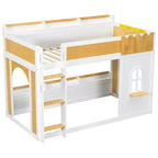 Lit superposé jumeau sur jumeau/double sur double avec étagères de rangement, fenêtre et deux portes, blanc+naturel - ModernLuxe