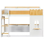 Lit superposé jumeau sur jumeau/double sur double avec étagères de rangement, fenêtre et deux portes, blanc+naturel - ModernLuxe