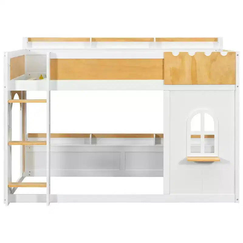 Lit superposé jumeau sur jumeau/double sur double avec étagères de rangement, fenêtre et deux portes, blanc+naturel - ModernLuxe