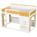 Lit superposé jumeau sur jumeau/double sur double avec étagères de rangement, fenêtre et deux portes, blanc+naturel - ModernLuxe
