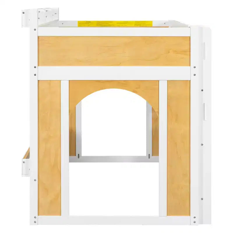 Lit superposé jumeau sur jumeau/double sur double avec étagères de rangement, fenêtre et deux portes, blanc+naturel - ModernLuxe