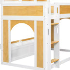Lit superposé jumeau sur jumeau/double sur double avec étagères de rangement, fenêtre et deux portes, blanc+naturel - ModernLuxe