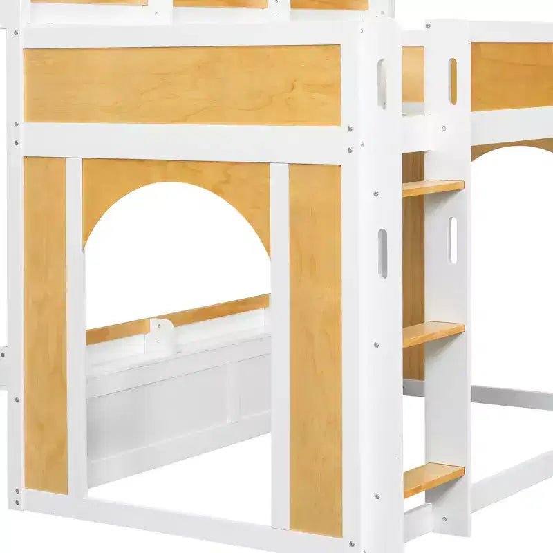 Lit superposé jumeau sur jumeau/double sur double avec étagères de rangement, fenêtre et deux portes, blanc+naturel - ModernLuxe
