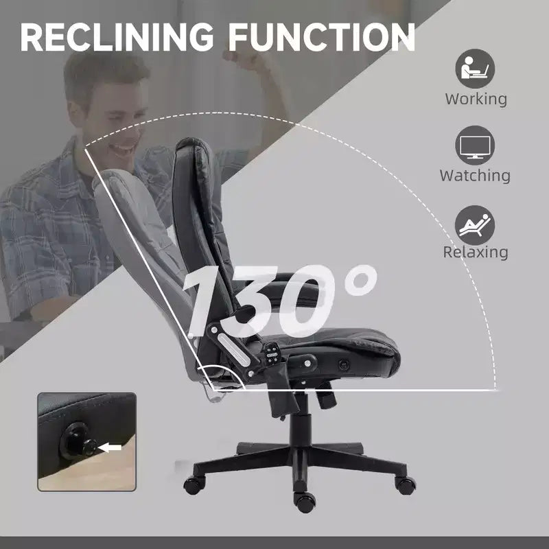 Fauteuil de bureau massant, Fauteuil d'ordinateur inclinable et chauffant avec 6 points de vibration, accoudoir et télécommande
