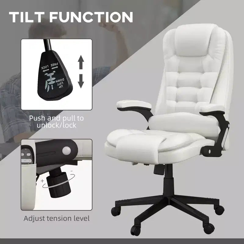 Fauteuil de bureau massant, Fauteuil d'ordinateur inclinable et chauffant avec 6 points de vibration, accoudoir et télécommande