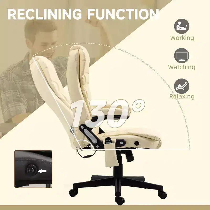 Fauteuil de bureau massant, Fauteuil d'ordinateur inclinable et chauffant avec 6 points de vibration, accoudoir et télécommande