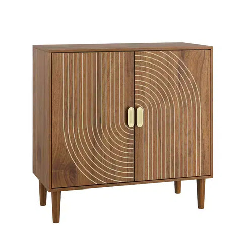Meuble de rangement 2 portes avec motif gravé – Bahut d'appoint moderne, Noyer