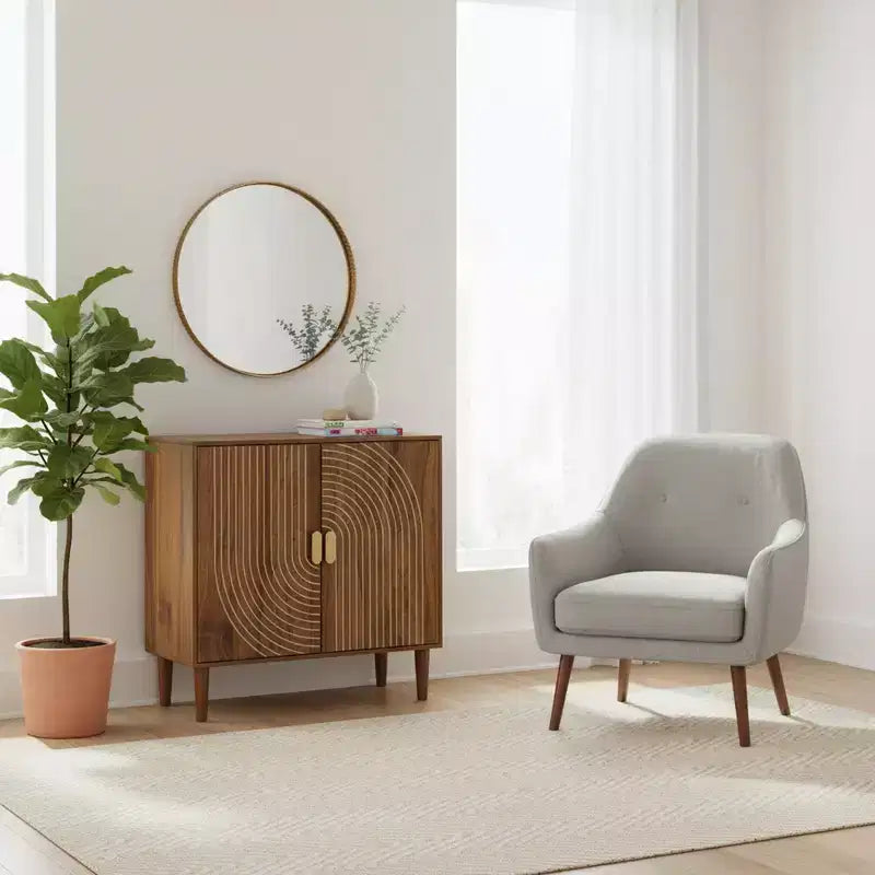 Meuble de rangement 2 portes avec motif gravé – Bahut d'appoint moderne, Noyer