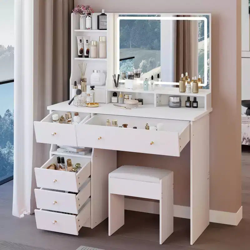 Coiffeuse Okak 41 po avec miroir à commande tactile extra-large, grande capacité de rangement, coiffeuse pour chambre à coucher, studio