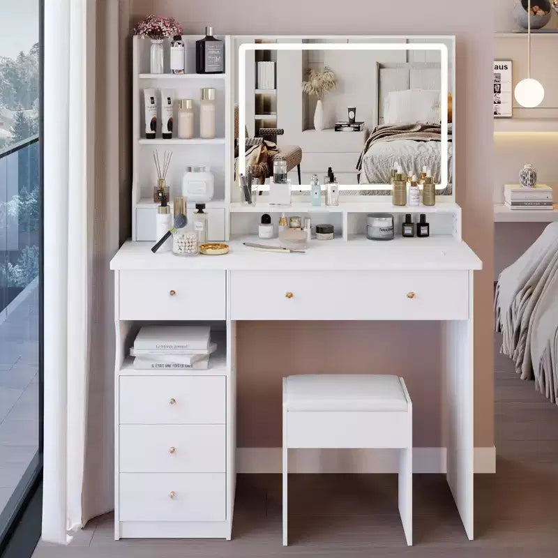 Coiffeuse Okak 41 po avec miroir à commande tactile extra-large, grande capacité de rangement, coiffeuse pour chambre à coucher, studio