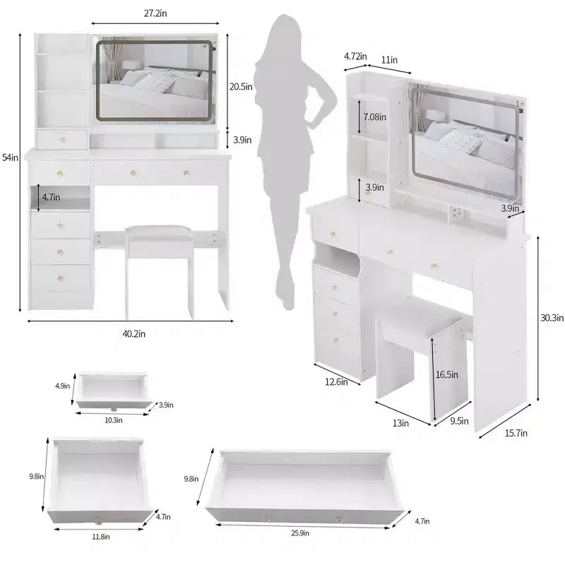 Coiffeuse Okak 41 po avec miroir à commande tactile extra-large, grande capacité de rangement, coiffeuse pour chambre à coucher, studio