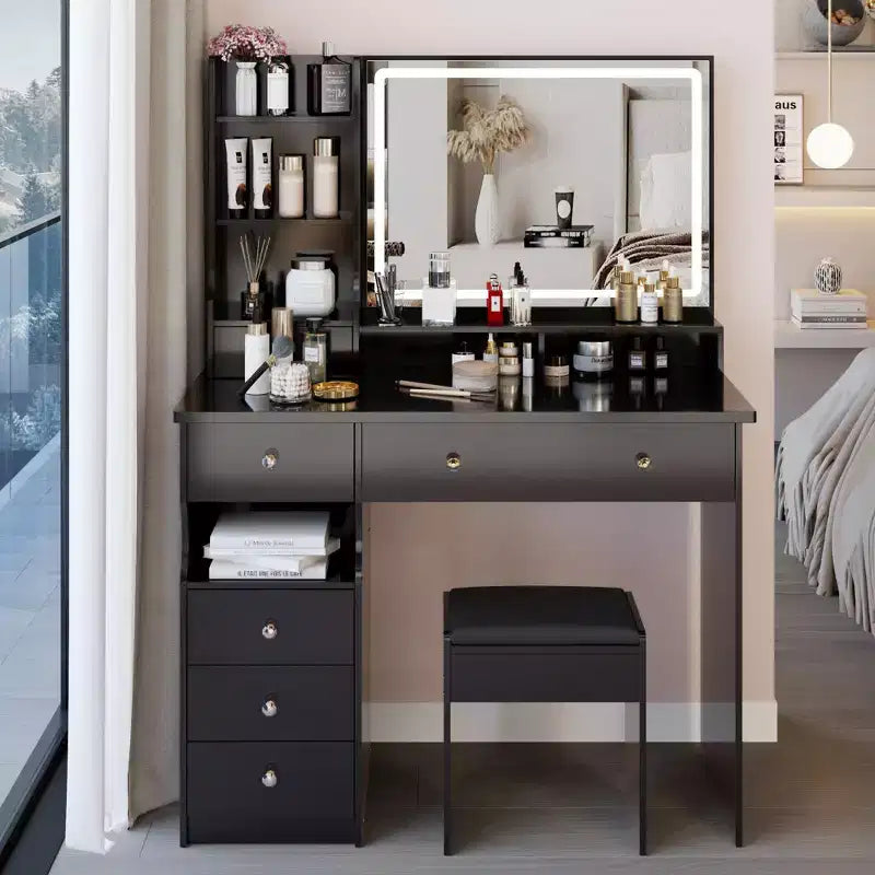 Coiffeuse Okak 41 po avec miroir à commande tactile extra-large, grande capacité de rangement, coiffeuse pour chambre à coucher, studio