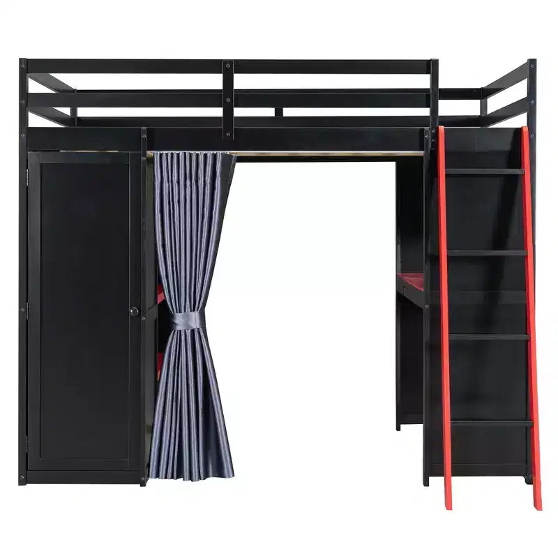 Lit mezzanine gamer pleine grandeur avec bureau, prises de courant, panneau perforé RVB et armoire