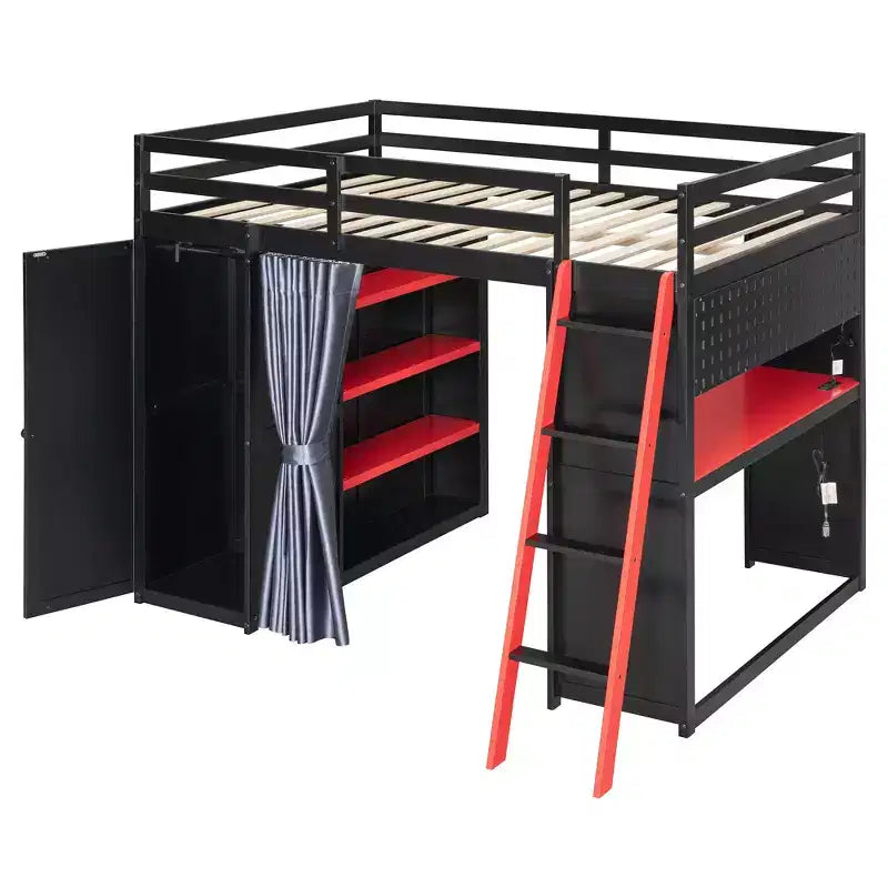 Lit mezzanine gamer pleine grandeur avec bureau, prises de courant, panneau perforé RVB et armoire