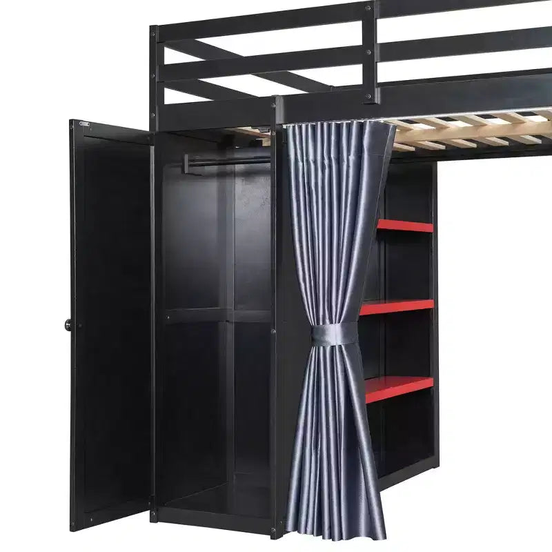 Lit mezzanine gamer pleine grandeur avec bureau, prises de courant, panneau perforé RVB et armoire