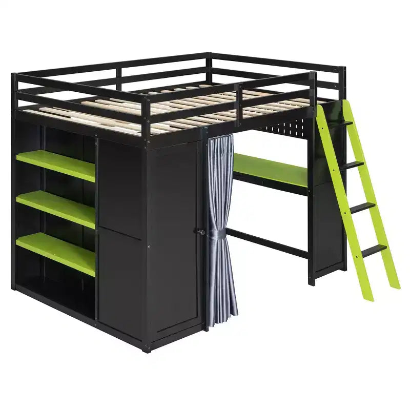 Lit mezzanine gamer pleine grandeur avec bureau, prises de courant, panneau perforé RVB et armoire