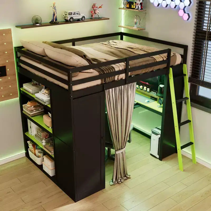 Lit mezzanine gamer pleine grandeur avec bureau, prises de courant, panneau perforé RVB et armoire