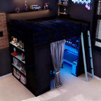 Lit mezzanine gamer pleine grandeur avec bureau, prises de courant, panneau perforé RVB et armoire