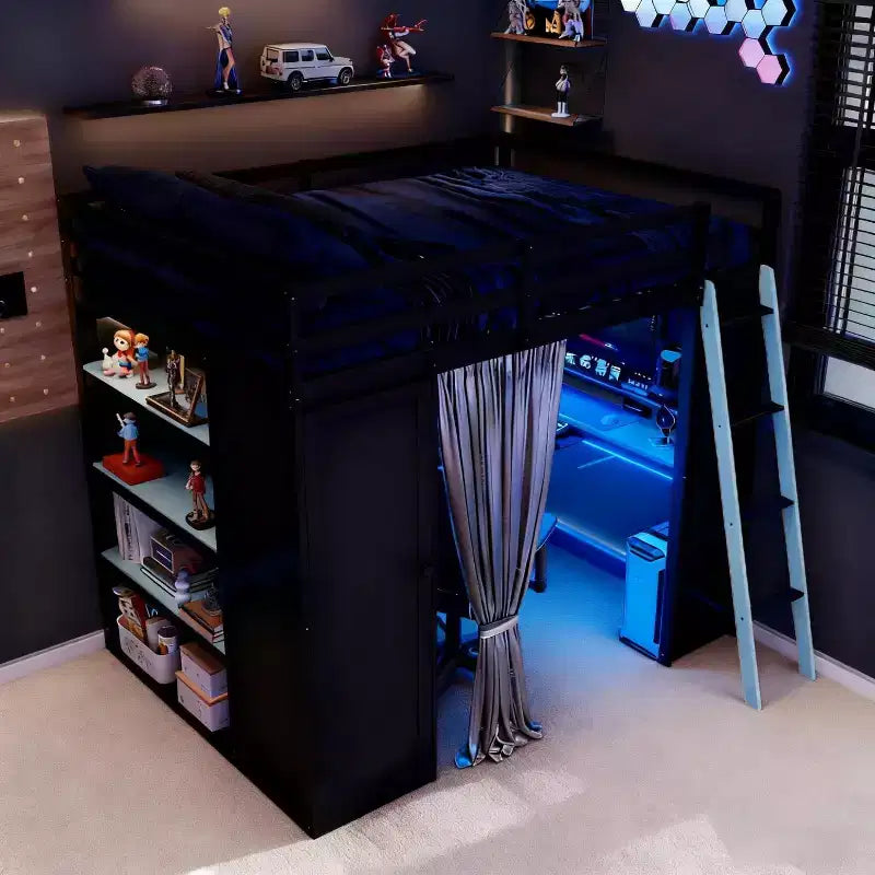 Lit mezzanine gamer pleine grandeur avec bureau, prises de courant, panneau perforé RVB et armoire
