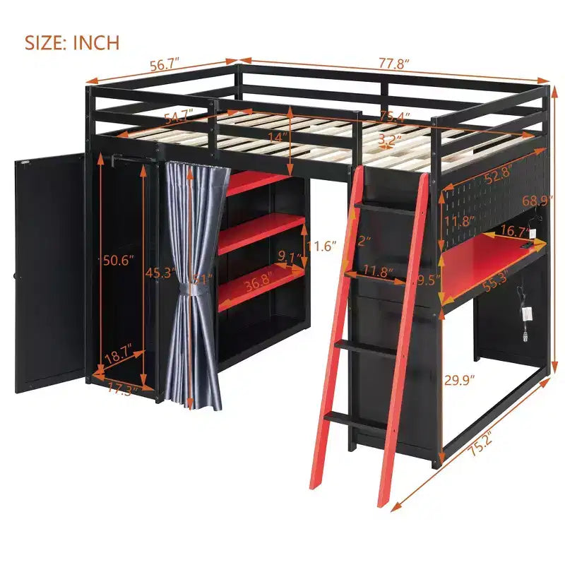 Lit mezzanine gamer pleine grandeur avec bureau, prises de courant, panneau perforé RVB et armoire